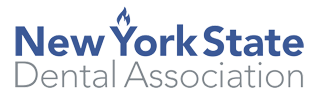 The image displays a logo with text that reads  NEW YORK STATE DENTAL ASSOCIATION  on a light background, featuring a stylized design with a blue and white color scheme.